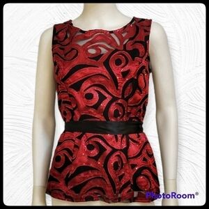 BLU SAGE Oxblood Satin Mesh Swirl Sequin Tie Waist Holiday Party Blouse